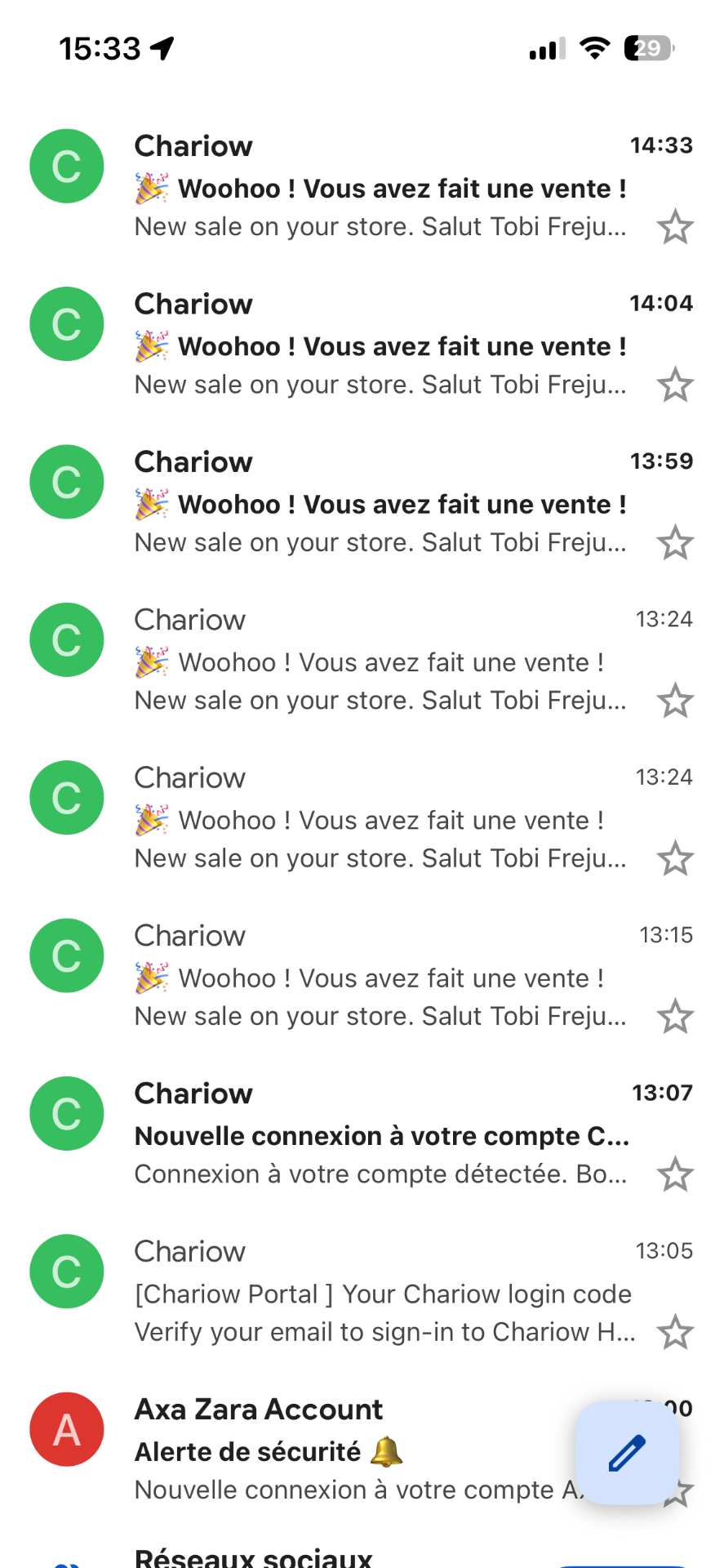 Notifications de ventes reçues par e-mail