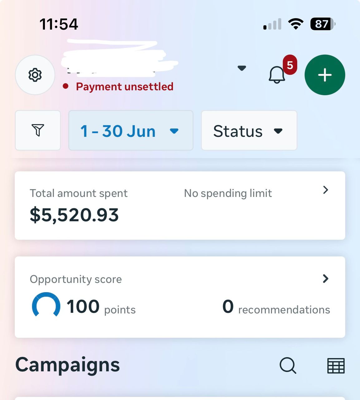 Compte publicitaire Facebook : 5 000 $ de budget dépensé